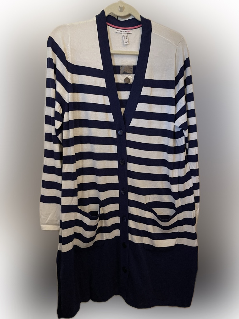 Isaac Mizrahi live Striped Navy and White Long Button Cardigan